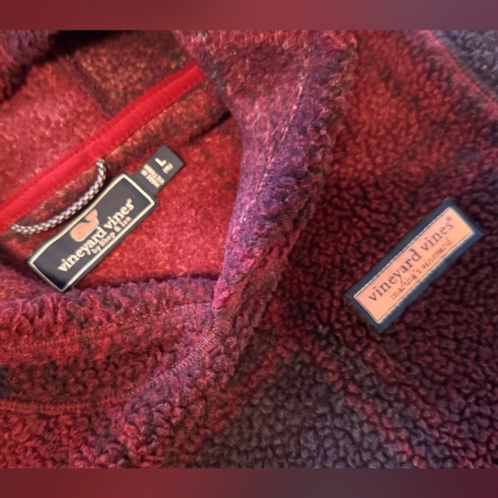 VINEYARD VINES Stillwater Sherpa Hoodie Red Navy Plaid Hooded Fleece Sweatshirt - Picture 12 of 14